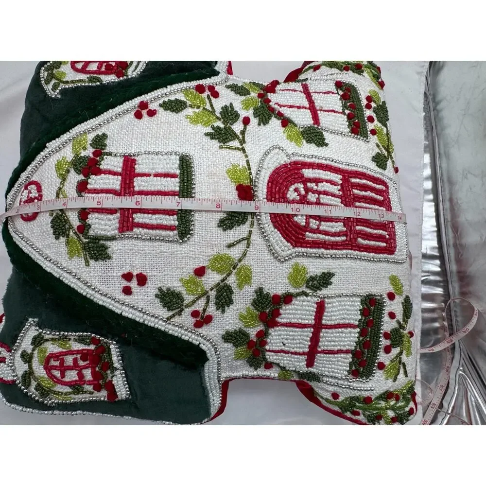 Gingerbread House Red Green Novagratz Holiday Throw Pillow Beaded Bling NWT